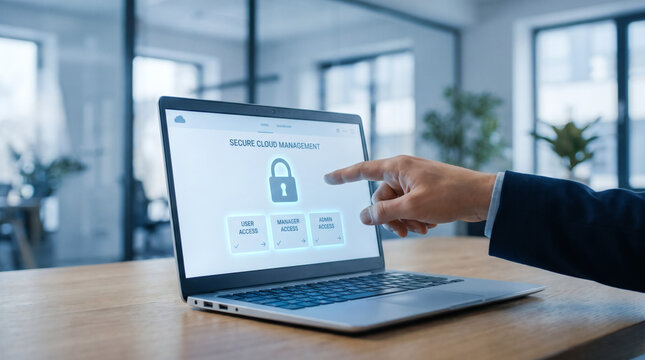 businessman pointing at secure cloud management system interface with padlock and access control levels on laptop computer screen in office