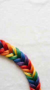 Colorful rainbow braid hair strand on white background