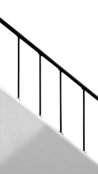Minimalist black metal stair handrail with vertical balusters and diagonal line on transparent background