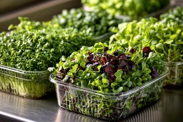 Fototapeta premium Assortment of vibrant organic microgreens displaying healthy and fresh sprouts in clear plastic containers