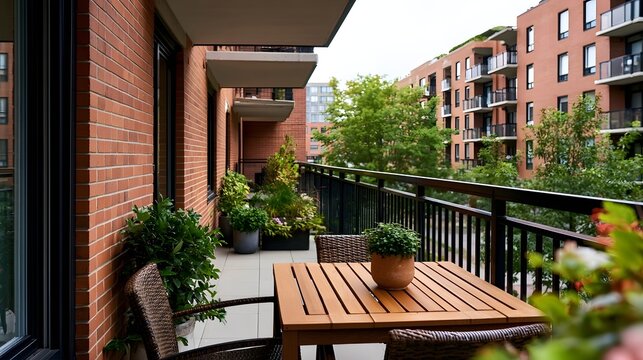 A wooden table and chairs on a red brick balcony surrounded by greenery and modern apartment buildings