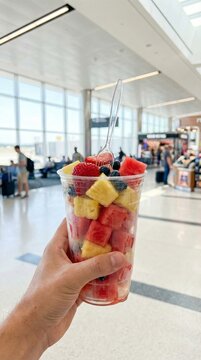 Traveler carrying a plastic container of cut fruits for a healthy snack while waiting for departure. Fresh diet food on the go. Generative AI.