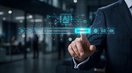 Obraz premium Businessperson interacting with AI digital interface in modern office environment