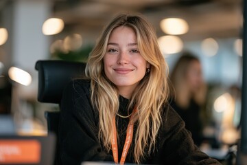 Obraz premium Young woman smiling while working in a bright, modern office environment
