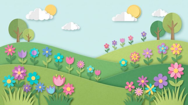 A vibrant spring landscape unfolds with rolling hills adorned with colorful paper cut flowers, fluffy clouds dotting the bright blue sky, and whimsical trees adding to the idyllic scene.