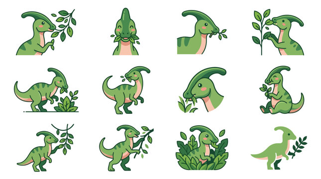 Playful green parasaurolophus dinosaur poses with leafy plants.