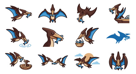 Pterodactyl dinosaur character set with nest and fish. © Septi