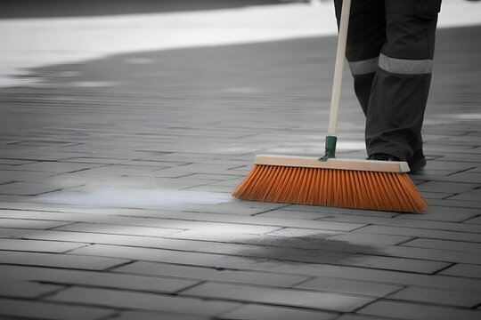 Street sweeper worker sweeping pavement with broom close up city sanitation outdoor maintenance cleaning service
