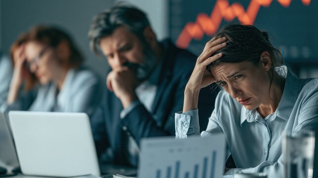 Business professionals with worried expressions during a financial downturn meeting with charts in the foreground