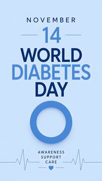 World Diabetes Day poster for November 14. Blue circle awareness symbol with heartbeat line. Medical healthcare support banner.
