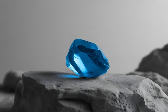 Bright blue crystal gemstone resting on rough grey rock stone selective color valuable mineral geology discovery photo