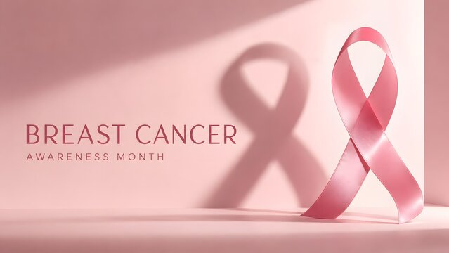 A pink ribbon standing on a soft surface representing support and hope during the annual breast cancer awareness month campaign