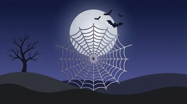 Pixel art moon with spider web and bats in a spooky night landscape