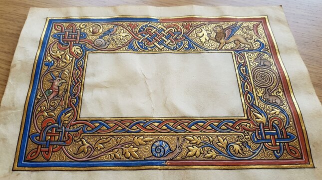Medieval illuminated manuscript border with gold and blue knots.
