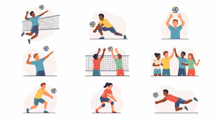 Fototapeta premium Diverse group of people playing volleyball in various actions and celebrating success