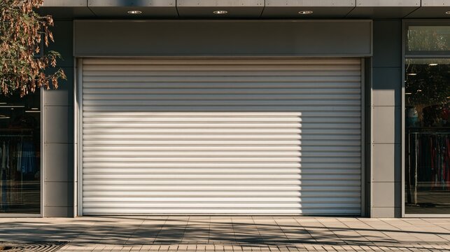 Closed metal storefront shutter with sunlit pattern during daytime exterior view