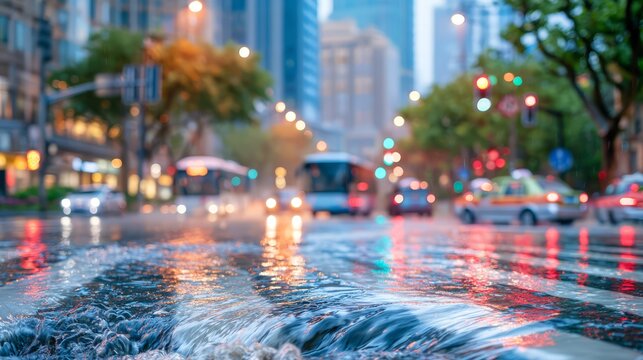 China in typhoon , heavy urban rainfall leaves a flooded city intersection with buses, cars, traffic lights, wet asphalt, glowing reflections, and autumn trees under a dramatic rainy atmosphere.