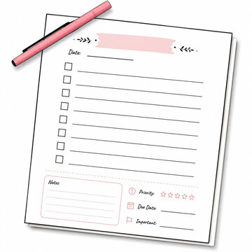 Minimalist pink aesthetic checklist template with a stylish pen and priority tracking section for daily organizational planning and task management