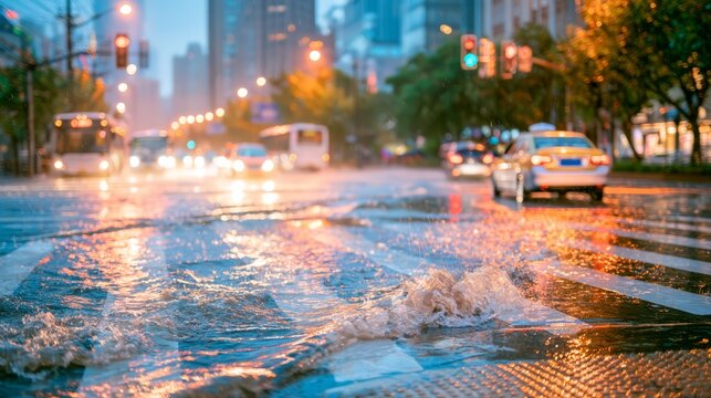 China in typhoon , heavy urban rainfall leaves a flooded city intersection with buses, cars, traffic lights, wet asphalt, glowing reflections, and autumn trees under a dramatic rainy atmosphere.