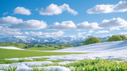 Obraz premium First snowfall covering fresh green grass in a scenic alpine landscape, with snowflakes falling under warm sunlight and dramatic clouds, creating a beautiful early winter atmosphere.