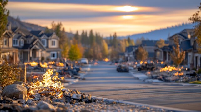 Residential neighborhood after a devastating wildfire, with damaged homes and scorched vegetation along a quiet suburban street at sunset, highlighting disaster recovery and community resilience.