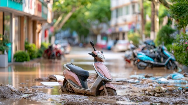 Flooded Asian city street with a stranded scooter surrounded by muddy water and debris after heavy monsoon rainfall, highlighting urban flooding and transportation disruption.