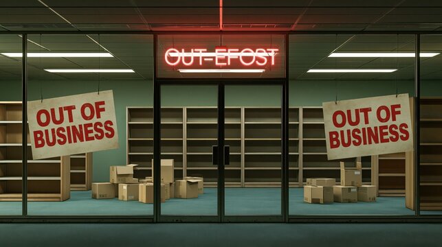 Empty storefront with neon 'Out of Business' sign and cardboard boxes during evening crisis