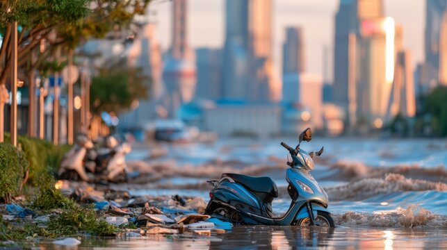 Flooded Asian city street with a stranded scooter surrounded by muddy water and debris after heavy monsoon rainfall, highlighting urban flooding and transportation disruption.
