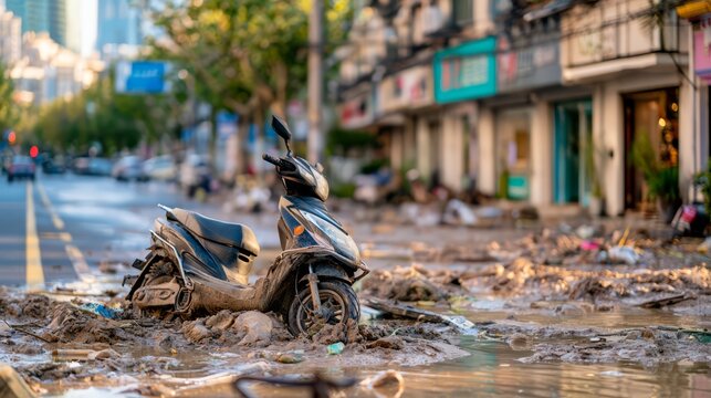 Flooded Asian city street with a stranded scooter surrounded by muddy water and debris after heavy monsoon rainfall, highlighting urban flooding and transportation disruption.