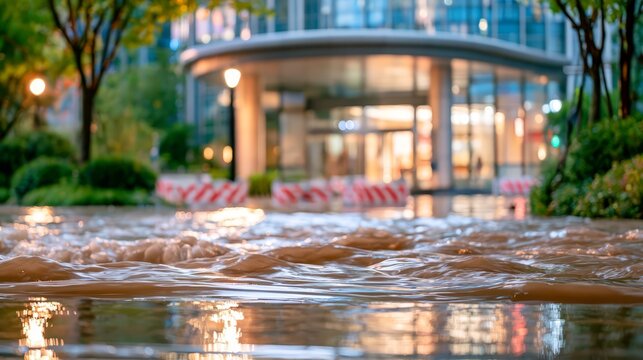 Severe urban flooding on a major city avenue, with turbulent water covering the roadway, vehicles navigating floodwater, traffic lights, skyscrapers, and colorful reflections.