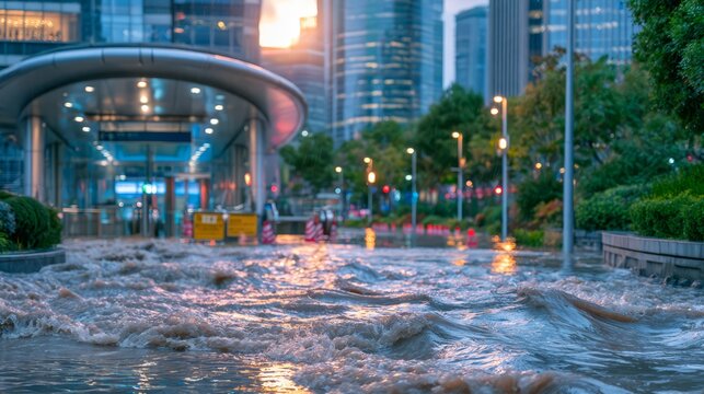 Flooded urban avenue with powerful muddy water surging across the road, stranded vehicles, modern skyscrapers, wet streets, and glowing city lights after severe rainfall.