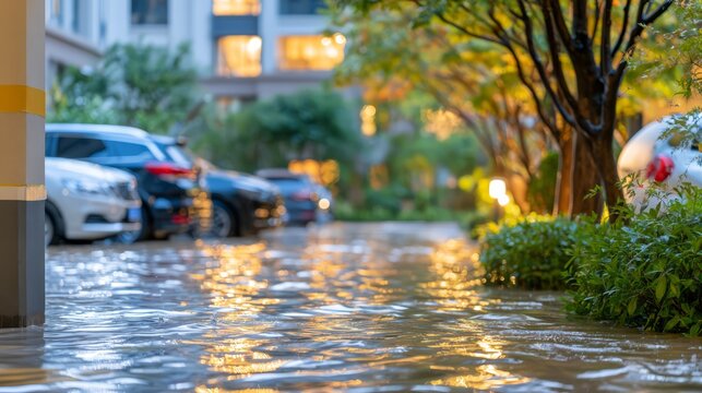 Severe urban flooding on a major city avenue, with turbulent water covering the roadway, vehicles navigating floodwater, traffic lights, skyscrapers, and colorful reflections.