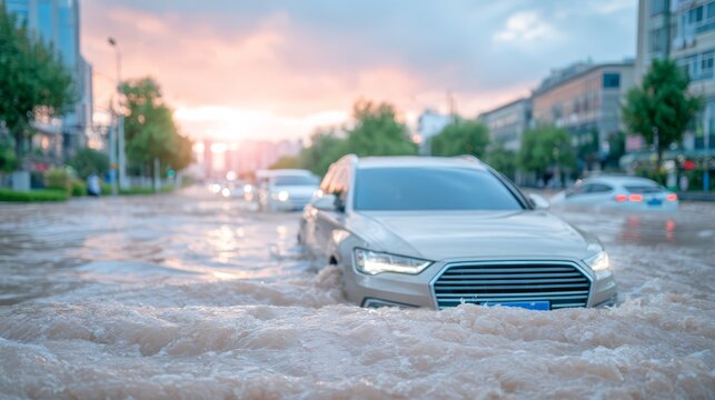 Severe urban flooding in China after typhoon rainfall, with muddy floodwater surrounding vehicles on a city road, high-rise buildings, dramatic storm clouds, and authentic disaster news atmosphere.