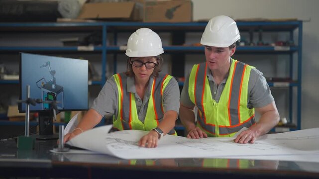 Man and woman engineers collaborating on a mechanical business plan. Analyzing digital data and blueprints inside a modern manufacturing plant.