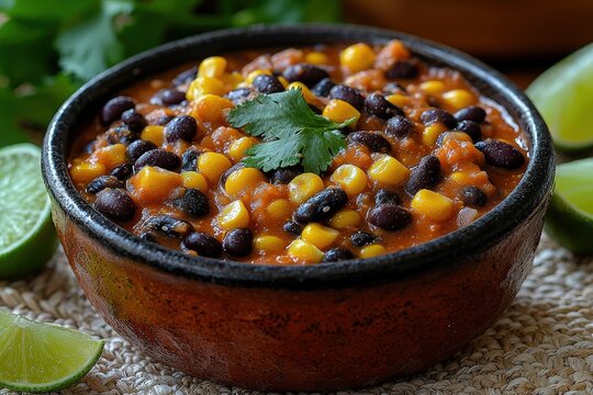 Rustic homemade black bean and corn chili in ceramic bowl with fresh cilantro garnish and lime wedges