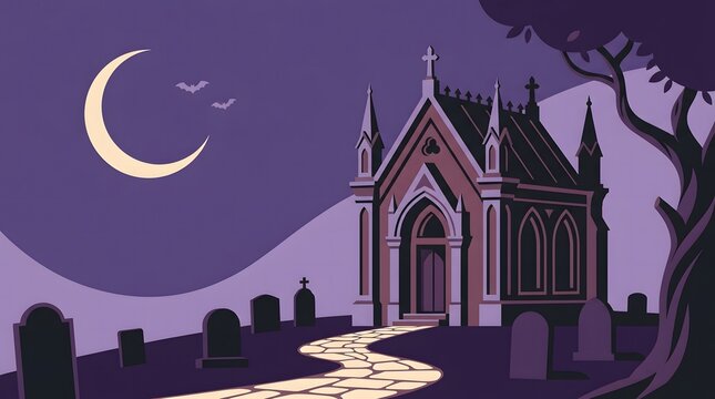 Old church building in a graveyard at night with a bright crescent moon