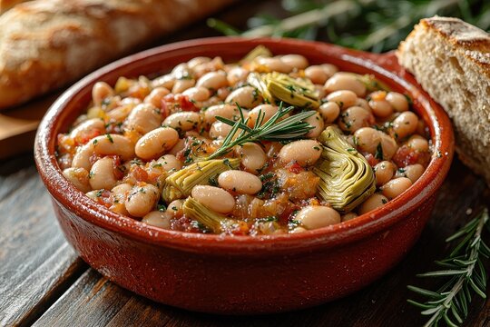 Rustic white bean and artichoke stew with rosemary garnish in ceramic bowl on wooden table