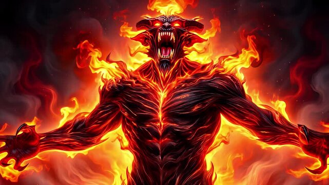 Demonic fire creature roaring amidst intense flames and smoke. Mythological monster concept with glowing eyes and sharp teeth. Zoom in shot.