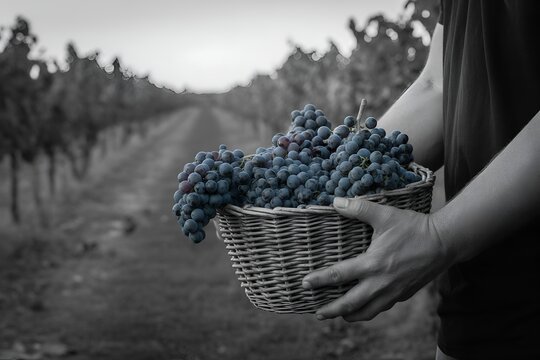 Hands holding woven basket full of dark red wine grapes in vineyard black and white selective color harvest backdrop
