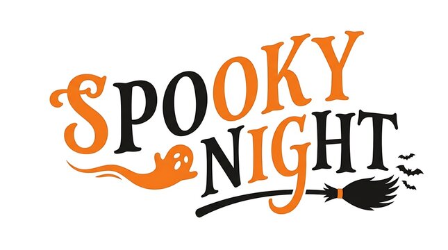 Spooky night halloween lettering with ghost and witch broom