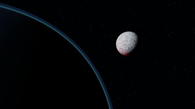 Earth and moon synergy during lunar eclipse 4K animation, earth silhouette with blue atmospheric glow and moon moving into shadow, 3D space render