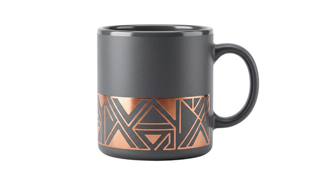 Modern matte grey ceramic mug, elegant coffee cup with copper geometric pattern, stylish stoneware tea mug for home decor isolated PNG with Transparent Background