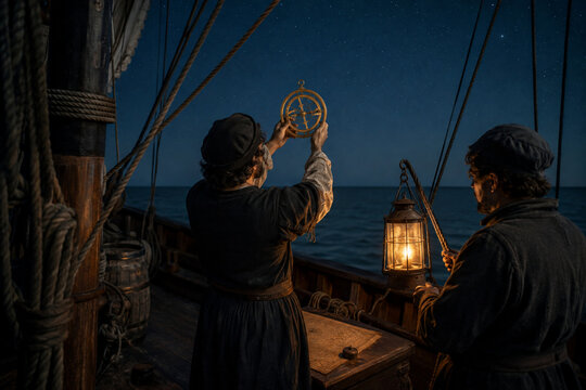 Two navigators using astrolabe on ancient sailing ship at night under star-filled sky, essential for historical maritime navigation.