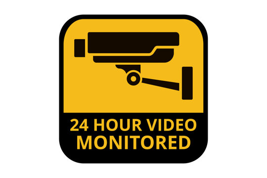 Twenty four hour video monitored security sign with black camera icon on yellow square background for continuous surveillance and crime prevention applications.