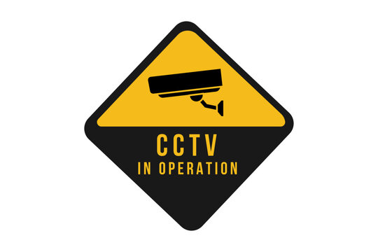 Cctv in operation sign, a yellow and black diamond-shaped warning sign with a security camera icon, ideal for monitoring and protection.