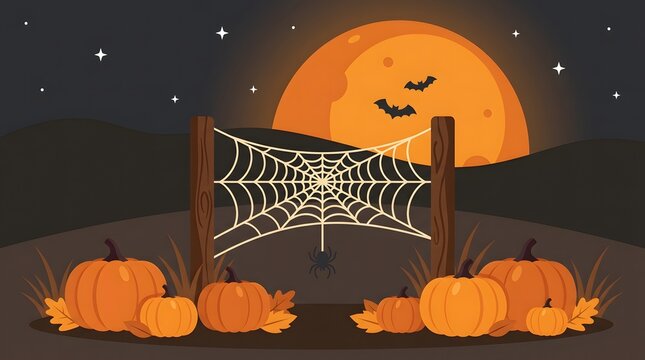 Pixel art halloween scene with pumpkins and spider web under a full moon