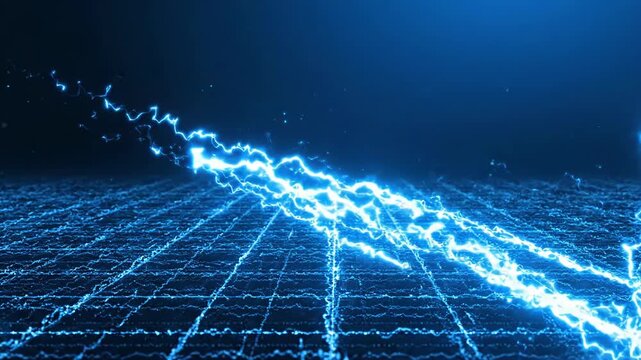 Abstract digital grid background with electrical lightning bolts striking the surface representing power and energy transmission