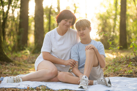 Mother and son in a park