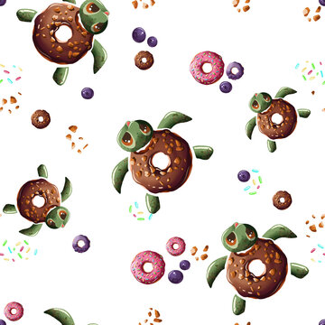 Seamless pattern with cute turtle donuts and sweet sprinkles, kids textile design