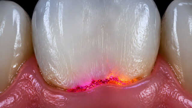 Close up of dental laser treatment cleaning plaque and bacteria along the gumline of human teeth